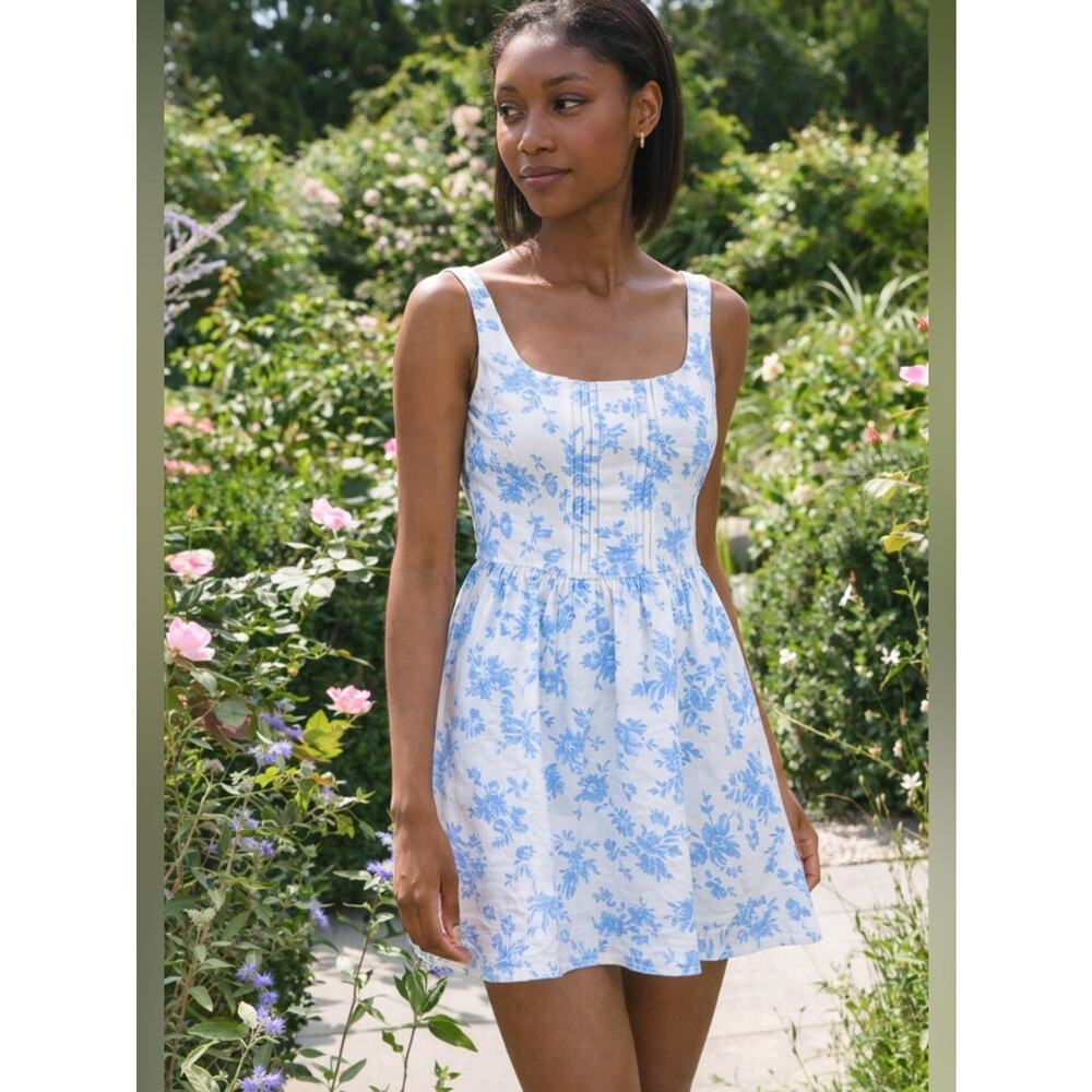 LOVESHACKFANCY Linen Dress Blue Floral Feminine | Coastal Chic Hamptons Preppy 6 - Picture 12 of 13
